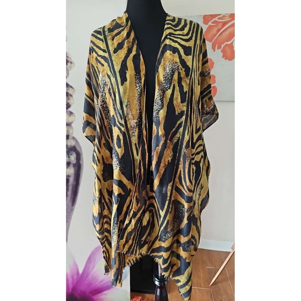 UNBRANDED Women's Animal Print Half Sleeve Open Front Fringe Trim Topper OS